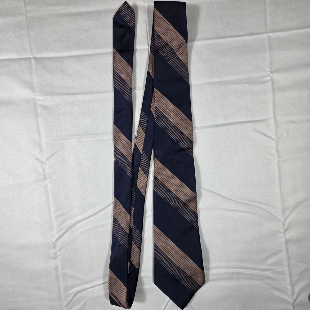 Vintage Paco Rabanne Paris Mens Silk Necktie Navy Blue Tan Striped Formal Tie